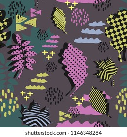 Awesome unique autumn fall foliage vector pattern with memphis geometric trendy colorful abstract. Maple leaves on hipster multicolor pattern vector