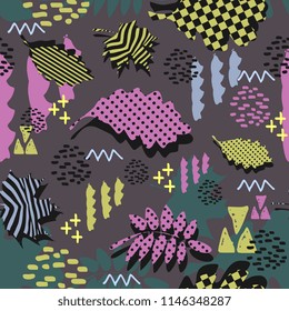 Awesome unique autumn fall foliage vector pattern with memphis geometric trendy colorful abstract. Maple leaves on hipster multicolor pattern vector