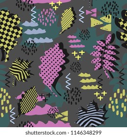 Awesome unique autumn fall foliage vector pattern with memphis geometric trendy colorful abstract. Maple leaves on hipster multicolor pattern vector