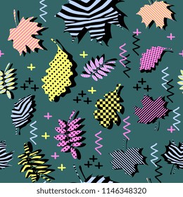 Awesome unique autumn fall foliage vector pattern with memphis geometric trendy colorful abstract. Maple leaves on hipster multicolor pattern vector