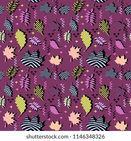 Awesome unique autumn fall foliage vector pattern with memphis geometric trendy colorful abstract. Maple leaves on hipster multicolor pattern vector