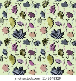 Awesome unique autumn fall foliage vector pattern with memphis geometric trendy colorful abstract. Maple leaves on hipster multicolor pattern vector