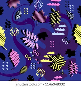 Awesome unique autumn fall foliage vector pattern with memphis geometric trendy colorful abstract. Maple leaves on hipster multicolor pattern vector