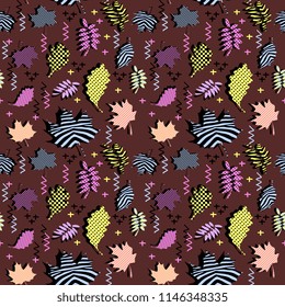 Awesome unique autumn fall foliage vector pattern with memphis geometric trendy colorful abstract. Maple leaves on hipster multicolor pattern vector
