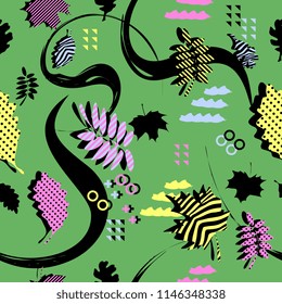 Awesome unique autumn fall foliage vector pattern with memphis geometric trendy colorful abstract. Maple leaves on hipster multicolor pattern vector