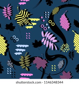 Awesome unique autumn fall foliage vector pattern with memphis geometric trendy colorful abstract. Maple leaves on hipster multicolor pattern vector