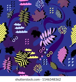 Awesome unique autumn fall foliage vector pattern with memphis geometric trendy colorful abstract. Maple leaves on hipster multicolor pattern vector