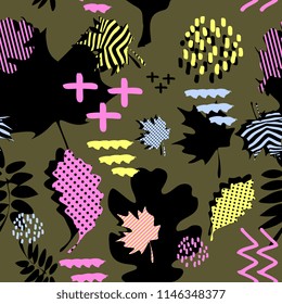 Awesome unique autumn fall foliage vector pattern with memphis geometric trendy colorful abstract. Maple leaves on hipster multicolor pattern vector