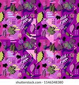 Awesome unique autumn fall foliage vector pattern with memphis geometric trendy colorful abstract. Maple leaves on hipster multicolor pattern vector