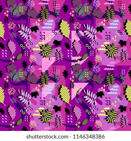 Awesome unique autumn fall foliage vector pattern with memphis geometric trendy colorful abstract. Maple leaves on hipster multicolor pattern vector