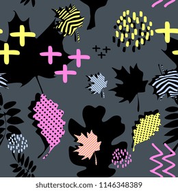 Awesome unique autumn fall foliage vector pattern with memphis geometric trendy colorful abstract. Maple leaves on hipster multicolor pattern vector