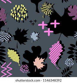 Awesome unique autumn fall foliage vector pattern with memphis geometric trendy colorful abstract. Maple leaves on hipster multicolor pattern vector