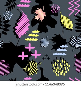 Awesome unique autumn fall foliage vector pattern with memphis geometric trendy colorful abstract. Maple leaves on hipster multicolor pattern vector