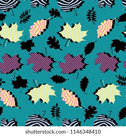 Awesome unique autumn fall foliage vector pattern with memphis geometric trendy colorful abstract. Maple leaves on hipster multicolor pattern vector