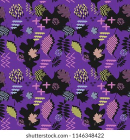 Awesome unique autumn fall foliage vector pattern with memphis geometric trendy colorful abstract. Maple leaves on hipster multicolor pattern vector