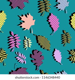 Awesome unique autumn fall foliage vector pattern with memphis geometric trendy colorful abstract. Maple leaves on hipster multicolor pattern vector