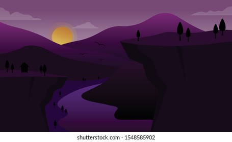 Awesome valley landscape with beautiful hills, river and mountains. Nature background. Vector illustration.