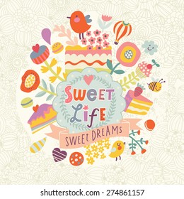 Maravilloso fondo vectorial con pasteles, flores, globo de aire, corazones y pájaros. El fondo es muy bonito, con colores vivos. Tarjeta de concepto de vida dulce y sueños