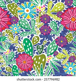 Awesome vector fresh pattern of cacti and flowers in amazing colors. Vector backdrop, summer template. Use for wallpaper,pattern fills, web page background.