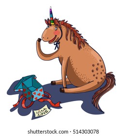 Awesome vector illustration. Happy merry horse in cartoon style sits and tries colorful paper horn near an open gift box in heart with a note  with the wishes.
