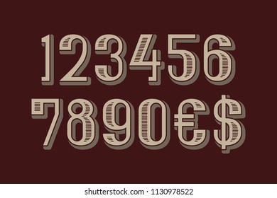 Awesome vector numbers with dollar and euro symbols in machine retro style.