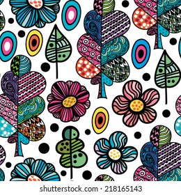 Awesome vector seamless patter of graphic leaves and flowers. Bright illustration, can be used for creating card, invitation card for wedding,wallpaper and textile.
