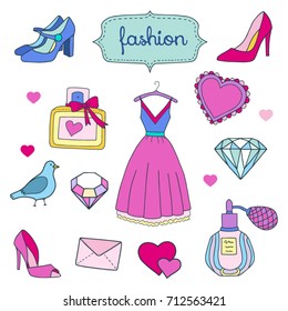 Awesome vector set with fashion accessories, dresses, shoes and other stylish female objects.