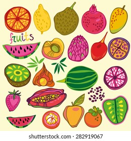 Awesome vector set of tropical fruits in bright colors.