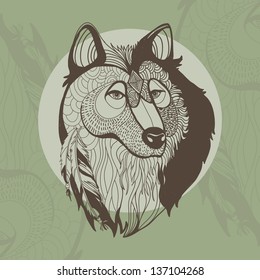 Awesome vector wolf illustration with feathers.