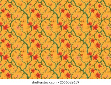 Awesome vine leaf and floral pattern design with yellow background 