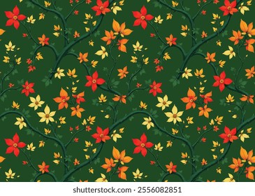 Awesome vine leaf and floral pattern design on green background 