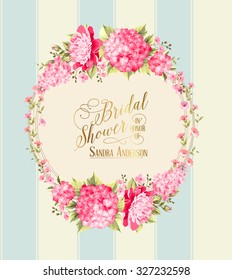 Awesome vintage label of color flowers over blue linear background. Vector illustration.