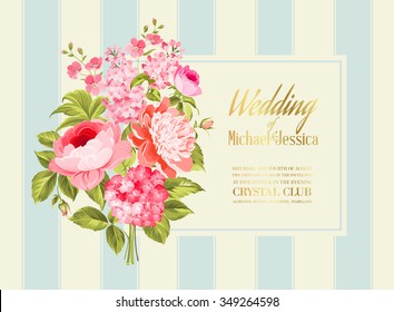 Awesome vintage label of color flowers. Wedding Card and engagement announcement. Wedding of Michael and Jessica. Vector illustration.