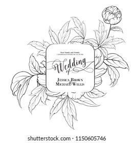 Awesome vintage label of peony flowers. Wedding Card and engagement announcement. Wedding of Michael and Jessica. Vector illustration.