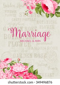 Awesome vintage label. Wedding Card with engagement announcement. Wedding of Michael and Ann. Color flowers. Vector illustration.