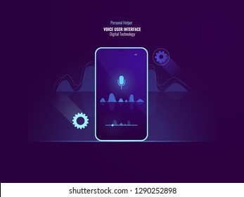 Awesome voice user interface command concept, mobile phone with sound wave, equalizer, helper application, speech recognition, flat vector illustration