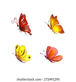 Awesome watercolor set of four butterflies: red, orange and yellow. Vector illustration