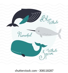 Awesome whales on wavy background