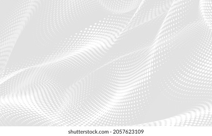 Awesome white and grey halftone background. Vector white halftone dots. Soft halftone background, wavy grey abstract background. Futuristic motion dots perspective backdrop. Vector illustration EPS10.
