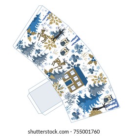 Awesome winter Christmas popcorn box in doodle winter forest style. Favor, gift box. Just print, cut out, and glue it together. Vector