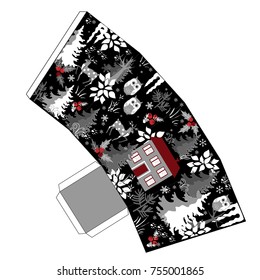 Awesome winter Christmas popcorn box in doodle winter forest style. Favor, gift box. Just print, cut out, and glue it together. Vector