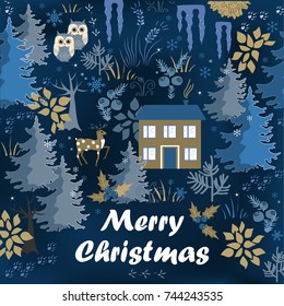 Awesome winter Merry Christmas card with night house in forest. Stylish brown and blue holiday background. Winter composition for lovely holiday designs