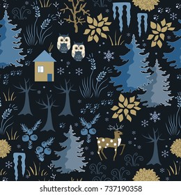 Awesome winter seamless pattern with house in night forest. Stylish back, brown and blue holiday background. Winter composition for lovely holiday designs