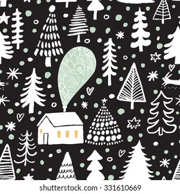Awesome winter seamless pattern in vector. Stylish back and white holiday background. Winter composition for lovely holiday designs
