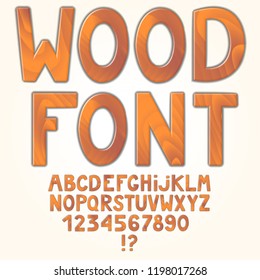 Awesome wooden alphabet isolated on white background. Vector illustration. Letters and numbers. 