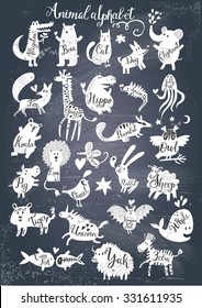 Awesome zoo alphabet in vector. Lovely animals with english names on chalkboard texture. Stylish abc-poster in black and white colors for children preschool education