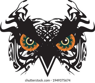 Awful carnival mask owl head in tribal style with huge orange eyes. Scary flaming black owl head for holidays and events, tattoos, prints on T-shirts, posters, textiles, embroidery, wallpaper, etc.
