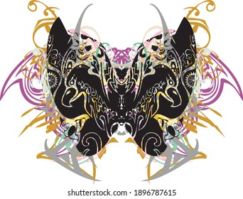 Awful colored butterfly wings with eagle patterns. Abstract dark butterfly wings on the white with floral elements for tattoos, posters, prints, textiles, decorative compositions