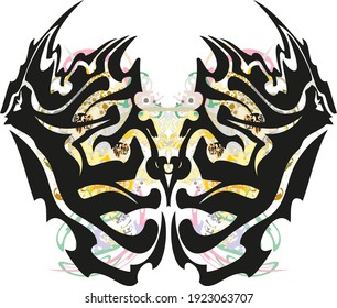 Awful colored butterfly wings splashes. Abstract butterfly wings with an unusual cat pattern against the background of floral decorative elements for cards, posters, textiles, tattoos, prints, etc.