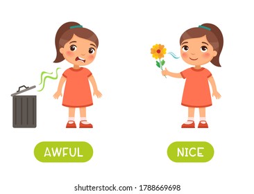 Awful and nice antonyms word card vector template. Flashcard for English language learning. Opposites concept. Little girl does not like the bad smell from the trash can,  child sniffs  flower  